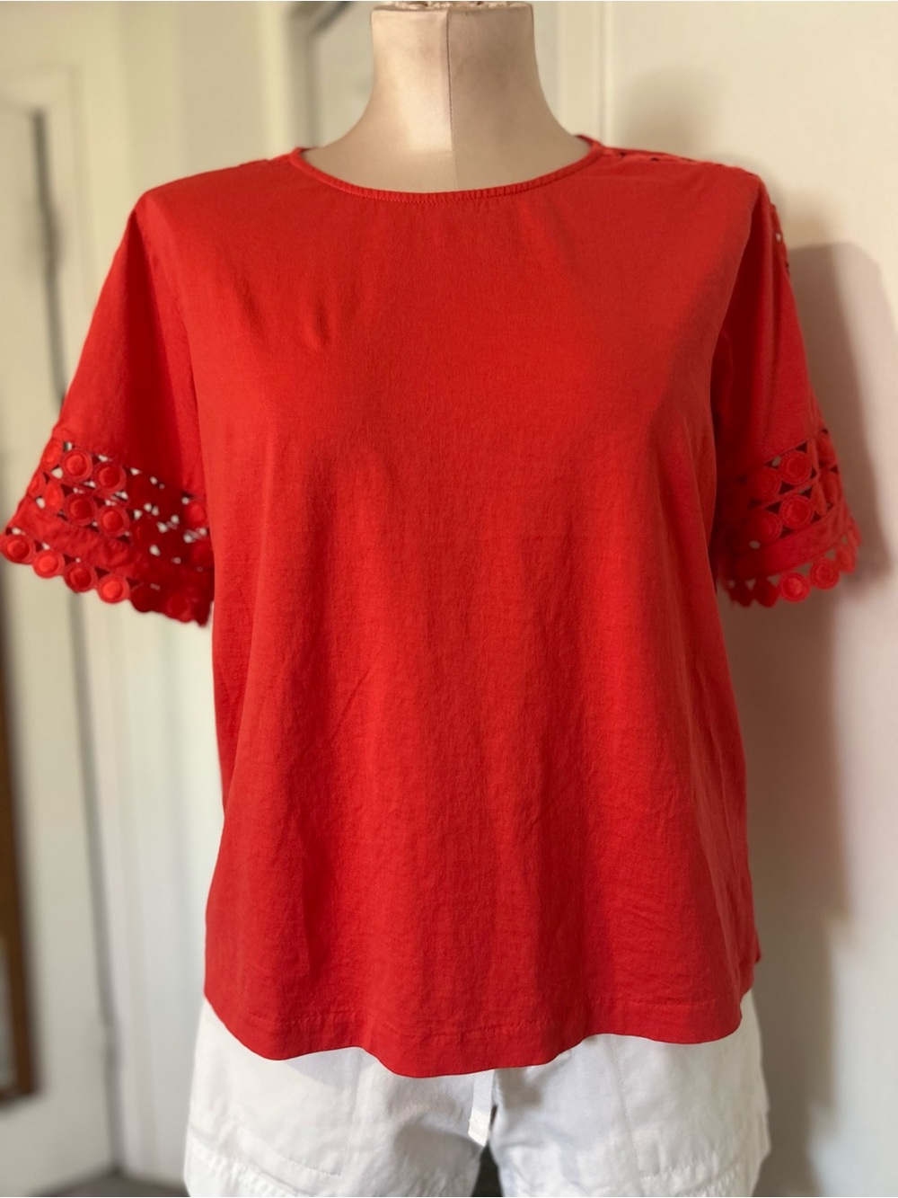 J. Crew Red Orange Short-Sleeve Tee with Crochet Eyelet Sleeves size S